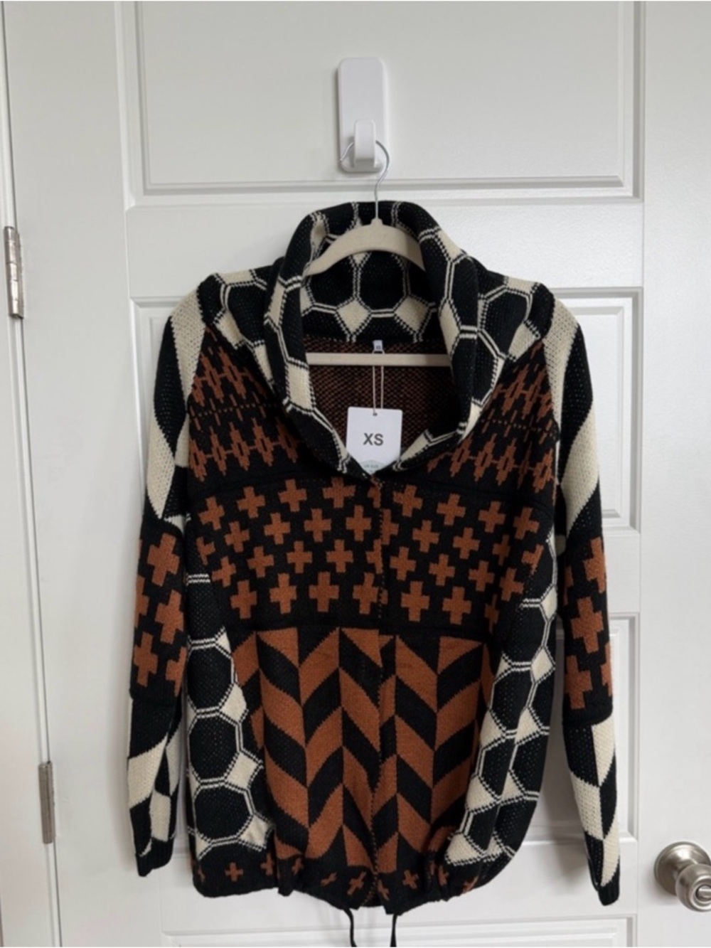 Boho Geometric Cowl Neck Sweater Oversized Chunky Knit NWT XS